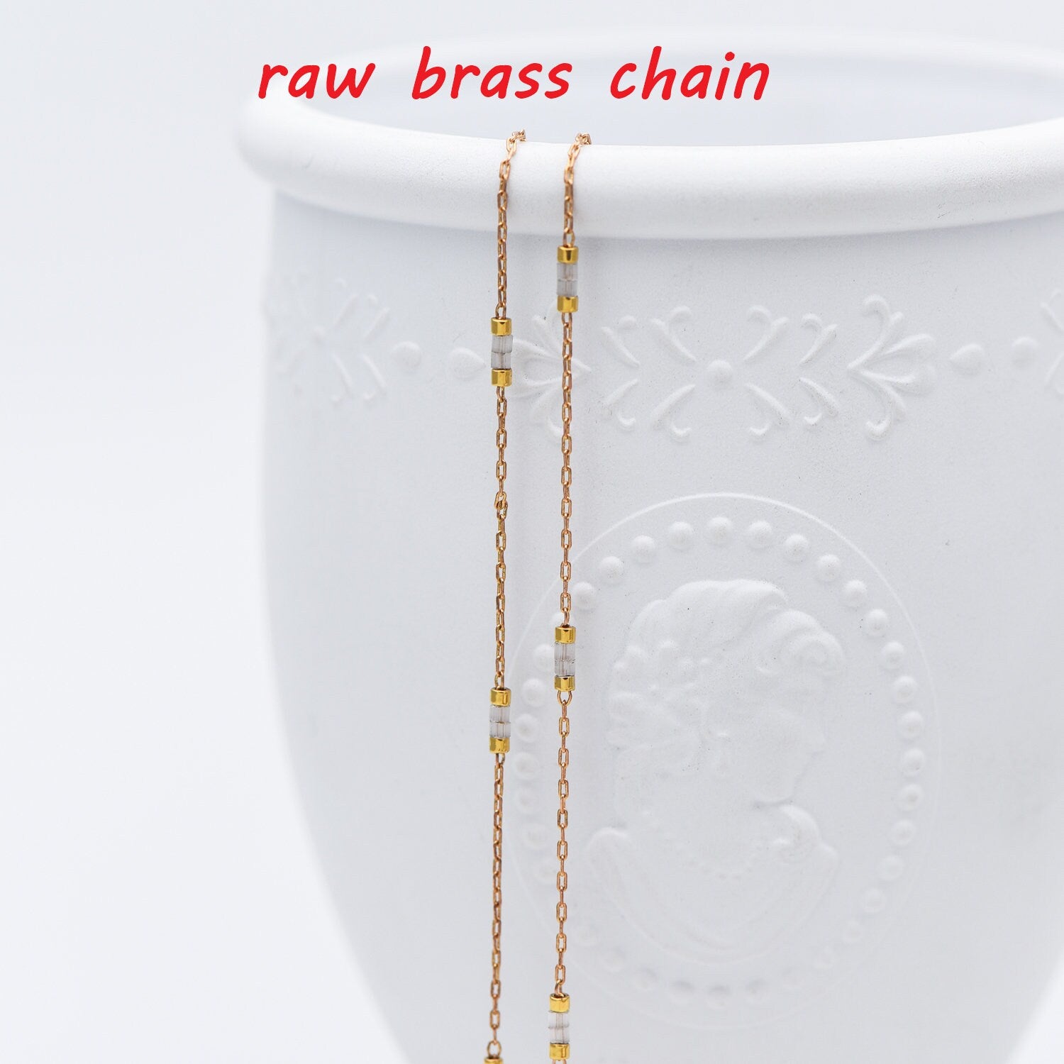 Dainty Miyuki Seed Glass Bead Chain 1.8mm, Unplated Brass Beaded Tiny Chain, Blue/ White (#LK-213)/ 1 Meter=3.3ft